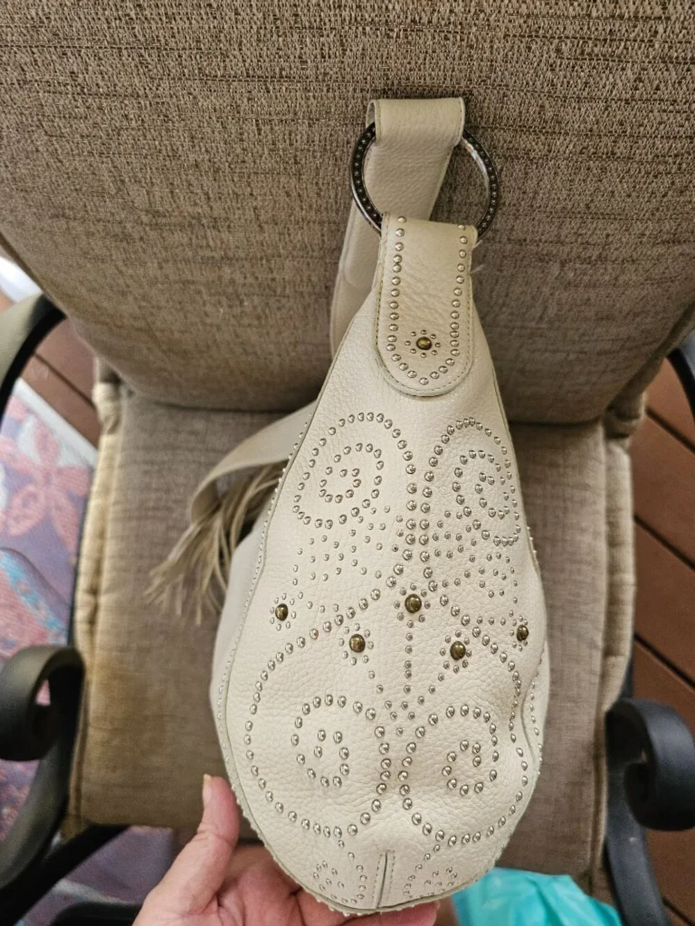 Brighton White Pebbled Leather Studded Hobo Shoulder Bag Heart Charm